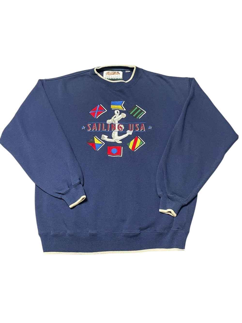 Vintage 90s Red Cliff Trading Co Sailing USA Crewneck Sweatshirt Navy Blue Large